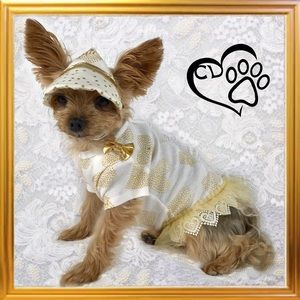 Ivory White & Gold Hearts XS Dog dress with Hat